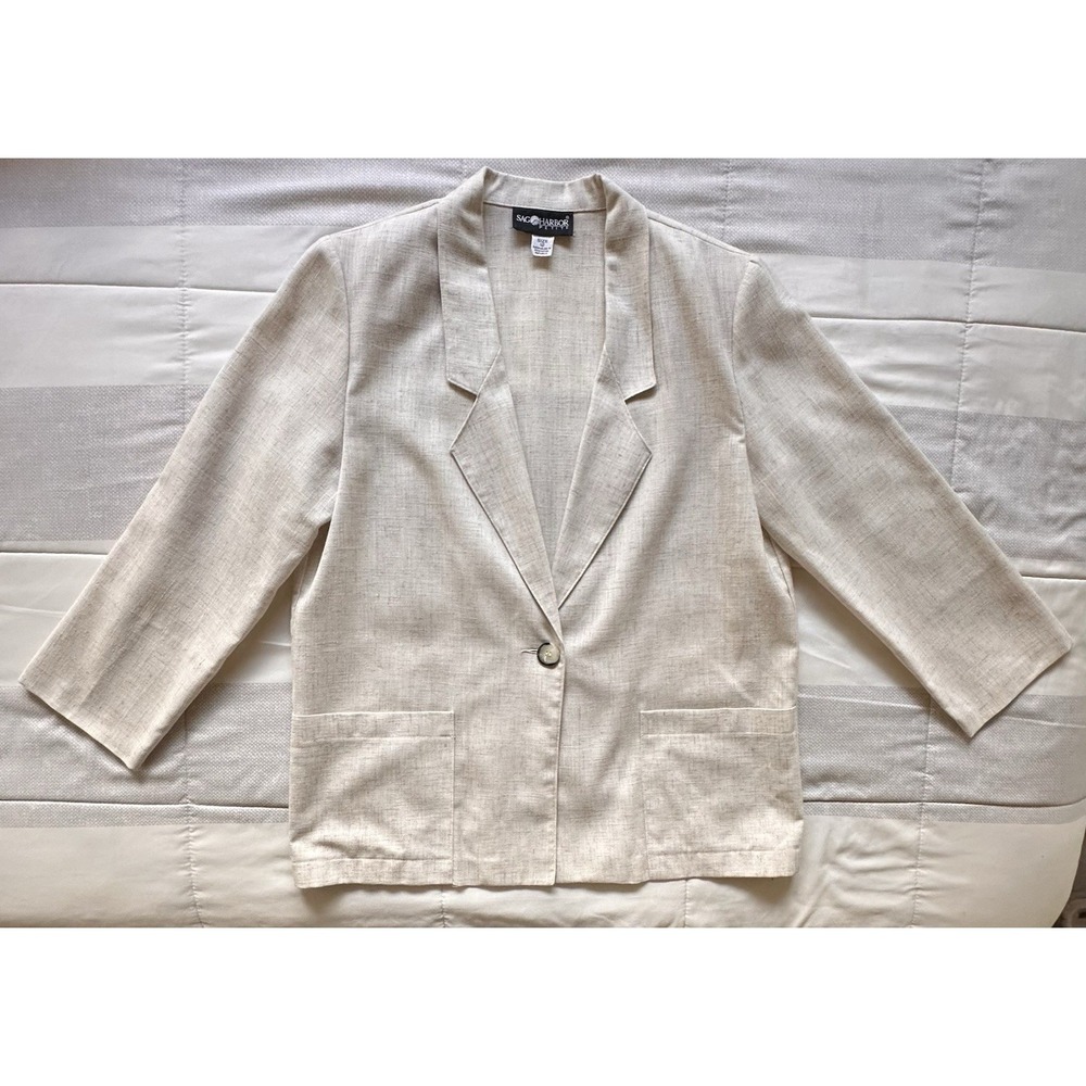 VTG Sag Harbor Petite Linen Blend Blazer Jacket Beige Tan Neutral Minimalist 12